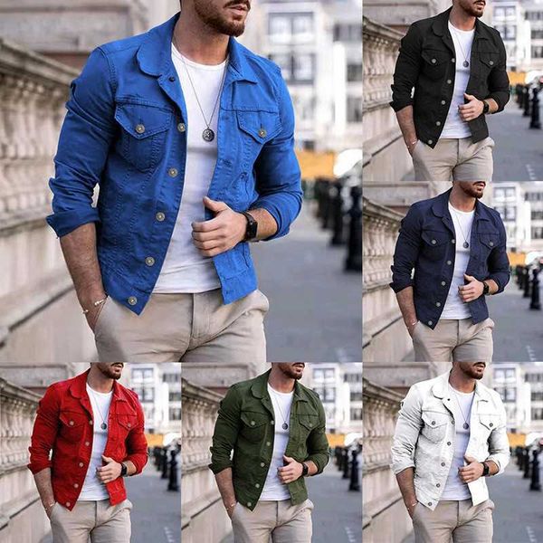 Giacche 2022 Autunno Inverno Nuovo Maschio giacche di jeans Colore Puro Cowboy Semplice Giacca di Jeans Corta Da Uomo Per Il Tempo Libero Y2211