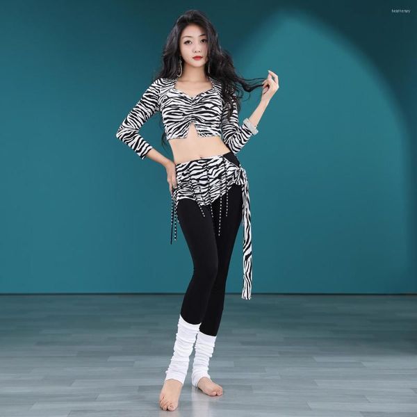 Stage desgaste feminino zebra leopardo barriga de dança de dança performance top calça meias