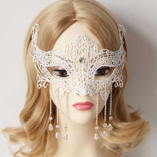 Máscara de renda de meia-face branca borla de corrente de strass prateada com pérolas transparentes máscaras de renda de máscaras de halloween para crianças