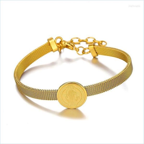 Armreif Armreif Religiöse Saint Benedict Medaille Charme San Benito Armbänder Armreifen Für Frauen Gold Farbe Edelstahl Draht Schmuck Dr Dhcrp