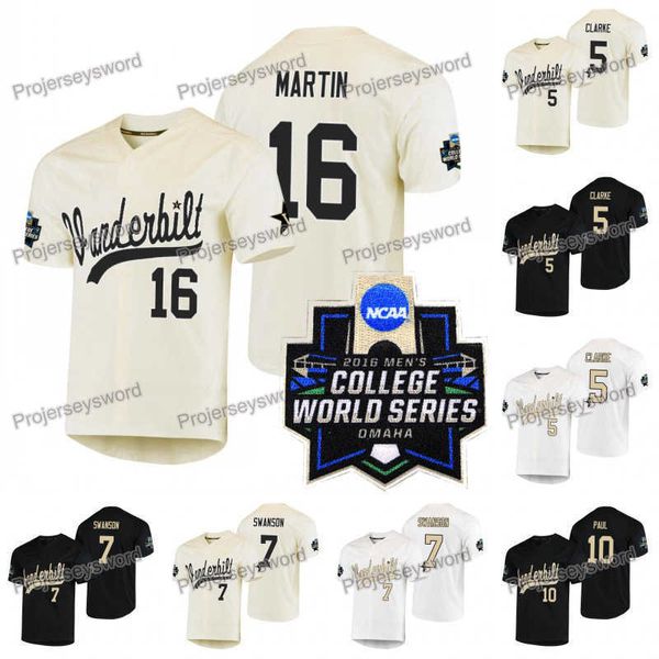 Baseball-Trikots Vanderbilt Commodores Jersey 7 Dansby Swanson 5 Philip Clarke 10 Ethan Paul 16 Austin Martin 2019 NCAA College WS W S Custom Baseball Jersey