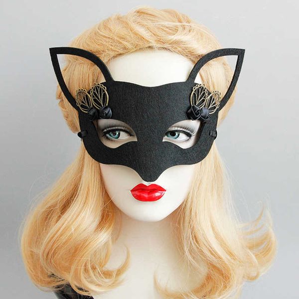 Black Fox Yarım Yüz Maskesi Cadılar Bayramı Saç Takıları Masquerade Ladies Rosebud Fosx Maskeleri Düğün Dans Partisi Kız Kostüm Aksesuarları