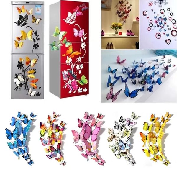 12pcs/lot 3D Kelebek Duvar Etiketi PVC Simülasyon Stereoskopik Kelebek Duvar Çıkartması Buzdolabı Mıknatıs Sanat Çıkartma Çocuk Odası Ev Dekoru Toptan Satış