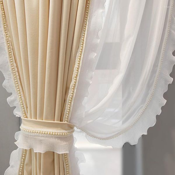 Vorhang Luxus Beide Seiten Perlen Spitze Samt Vorhänge Für Wohnzimmer Moderne Blackout Beige Fenster Vorhänge Schlafzimmer #VT