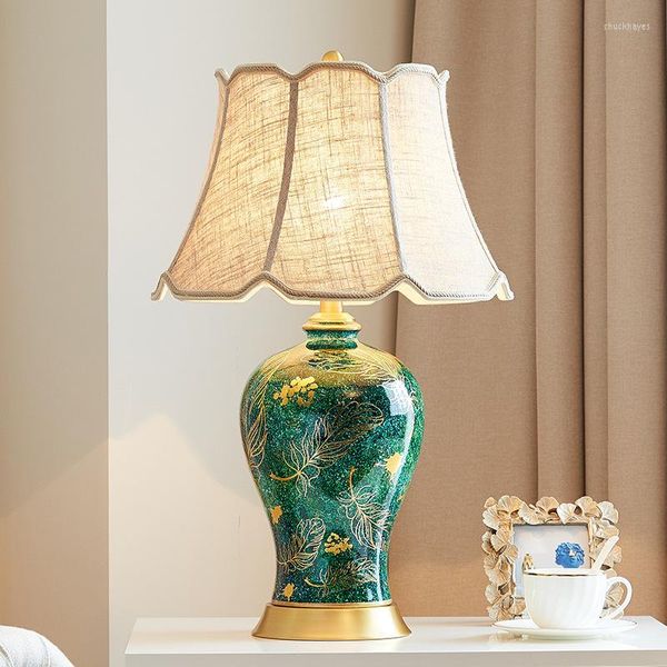 Tischlampen 40x65cm Luxus Retro chinesischen Stil handbemalt goldenes Blatt grüne Keramiklampe für Wohnzimmer Schlafzimmer Nachttisch