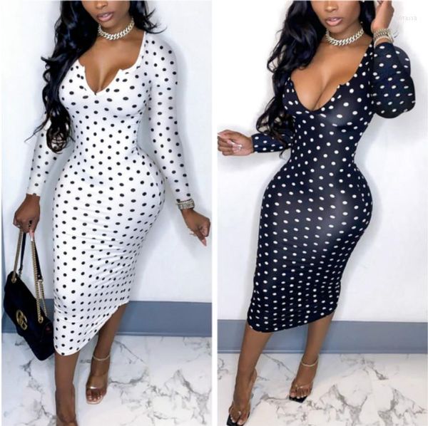 Повседневные платья Sexy Deep V Low Cut Bodycon Midi Dress Vintage Women Polka Dot Sheath Office Lady Skinny с длинным рукавом Осень-Весна