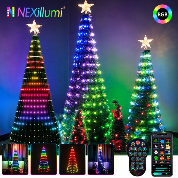 Decorazioni natalizie WS2812B Albero Toppers Luci Multicolore Fata LED Star String Cascata Xmas APP Bluetooth Home Yard Holiday Decor DC5V 221104