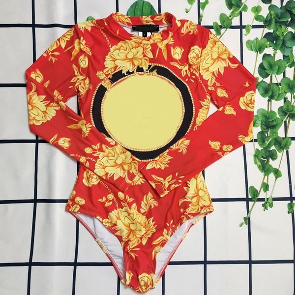 2022 Mulheres impressas quentes de manga longa de uma peça de banho de banho de roupas de banho Bandagem Bandagem Halter Bodysuit Feminino Biquíni Sets Surfing Bathing Suit