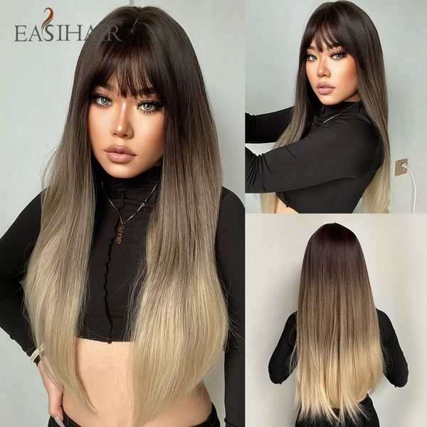 Ombre loira marrom loira longa perucas sintéticas retas com franja gorjeta cinza cinza perucas de cabelo para mulheres resistentes ao calor