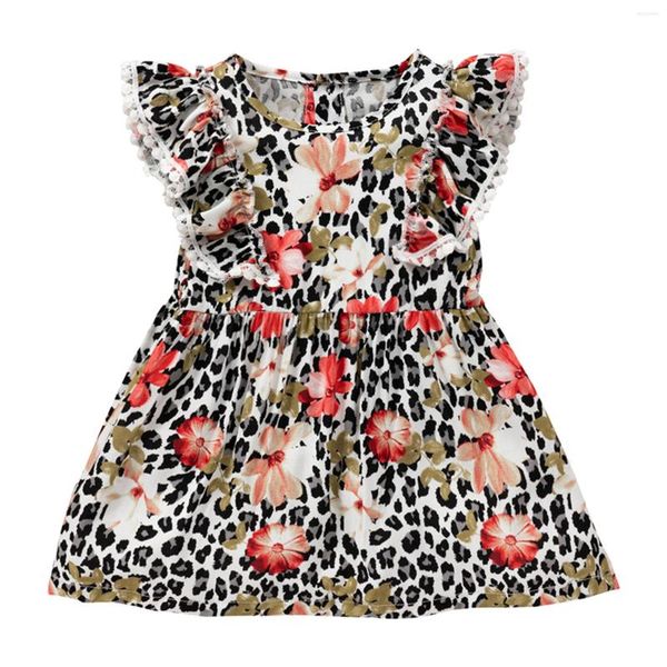 Vestidos de menina 2022 moda menino de menino de leopardo padrão de flor de planta redonda pescoço de arco de renda de renda 6m-4t