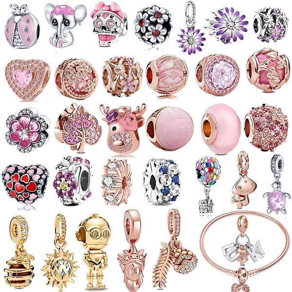 Novos acessórios de charme de prata esterlina 925 populares pingente de contas de rosa adequados para pandora colar de pulseira faça você mesmo jóias femininas acessórios de moda