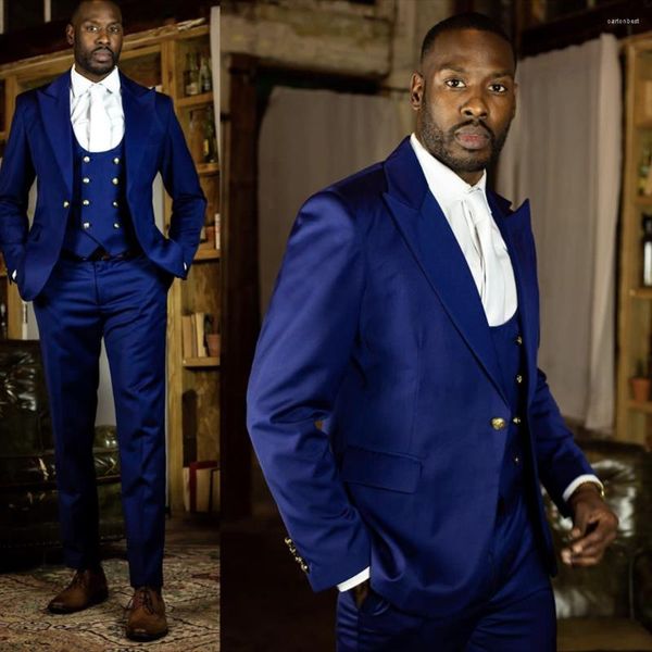 Erkekler Suits Erkekler İnce Fit 3 Parça Mavi Beklenmiş Altın Düğmeler Klasik Düğün Damat Balo Balosu Erkek Giyim Blazer Kıyafetleri