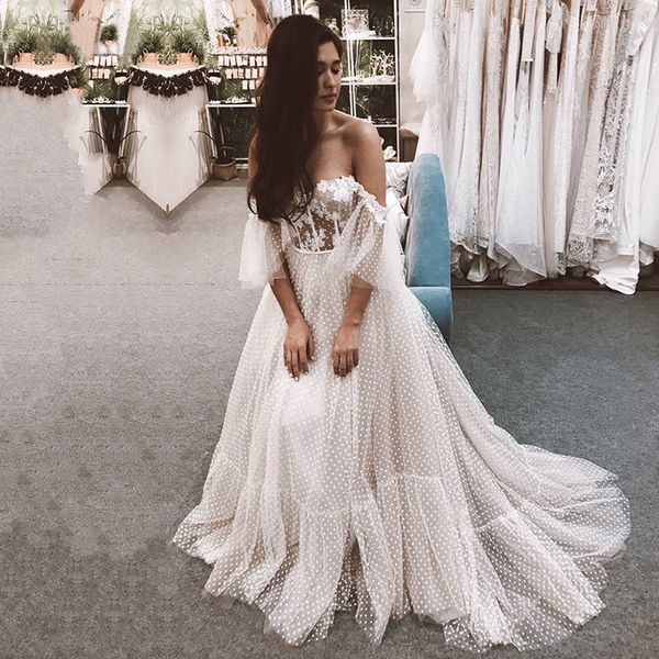 Abiti da sposa bohémien Abito da sposa boho con spalle scoperte maniche corte a pois Abito da sposa con corsetto a trapezio