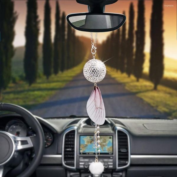 Decorazioni per interni Ciondolo per auto Sfera di cristallo creativa Piuma Specchietto retrovisore Decorazione Ornamenti per ciondoli appesi Accessori per automobili