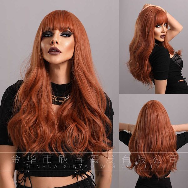 Perucas sintéticas peruca suja laranja feminino ondulado longo cabelo encaracolado com franja reta peruca laranja perucas