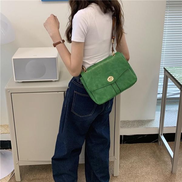 Retro-grüne Damen-Schultertasche, reine Farbe, HBP, modische Flip-Messenger-Taschen, braune Riemen-Geldbörse, Einkaufshandtasche