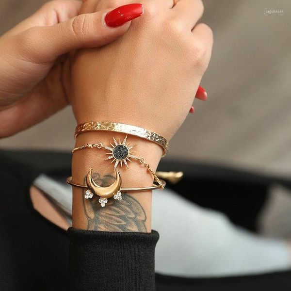 Bracelets de charme 3pcs/conjunto Gold Color Moon Rhinestone Sun Banglebracelets for Women Hand Chains Bracelet feminino 2022 Jóias de moda