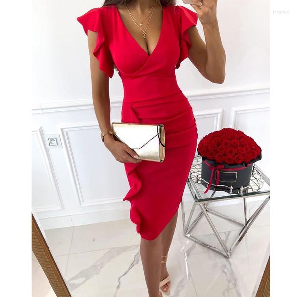 Casual Kleider IMCUTE OL Sexy V-ausschnitt Schlank Büro Dame Kleid Weding Rüschen Kurzarm Bodycon Knielange 2022 Frau