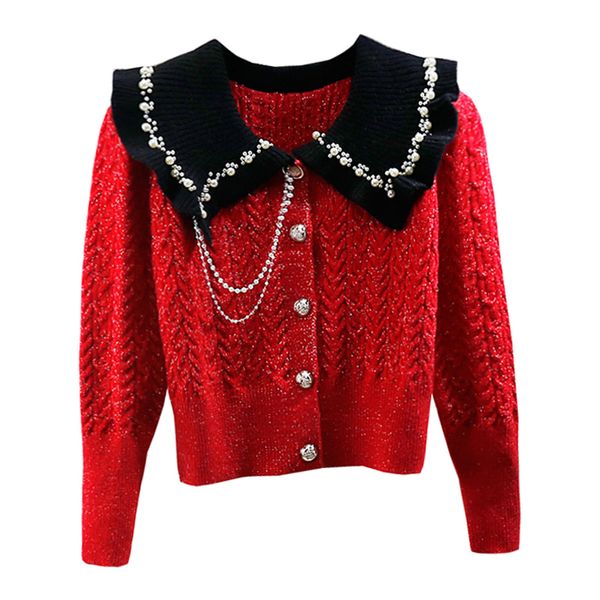Damen-Pullover mit umgedrehtem Kragen und Perlenstickerei, Lurex-Shinny-Bling-Einreiher-Strickjacke-Mantel