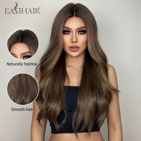 Perucas dianteiras de renda marrom destaque Golden Natural Wave Wigs Sintéticos Perucas com Cabelo para Mulheres Negras Resistentes de Calor Direct Direct Direct