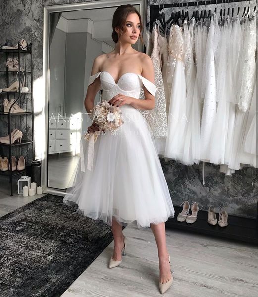 Vestido de noiva curto, querido joelho de joelho, branca Organza Point Ponto NET Vestido