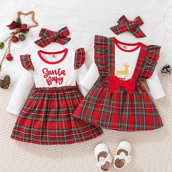 Roupas conjuntos de roupas de bebê presentes para meninas infantis de manga longa Carta de natal veado Romper imprimido Bodysuit Bowknot Presemie Fechar