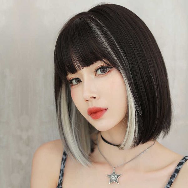 Hair Wigs peruca feminina líquida curta pendurada orelhas tingidas cabelos claviculares rosto redondo bobo bobo buckle cabeça