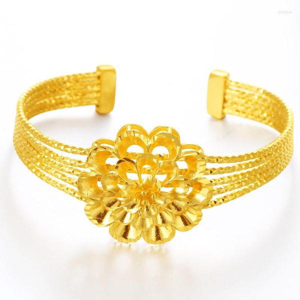 Link Armbänder Thailand Alluvial Gold Armreifen Messing plattiert keine verblassende Farbe Chic Blume Open Schmuck für Frauen