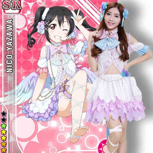 Lovelive cosplay kostüm yazawa nico hizmetçi kıyafeti beyaz gün kadınlar melek kanat etek j220720