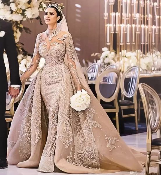 Luxuriöse arabische Dubai-Champagner-Meerjungfrau-Brautkleider mit abnehmbarer Schleppe, Stehkragen, 3D-Spitze, lange Ärmel, Brautkleider