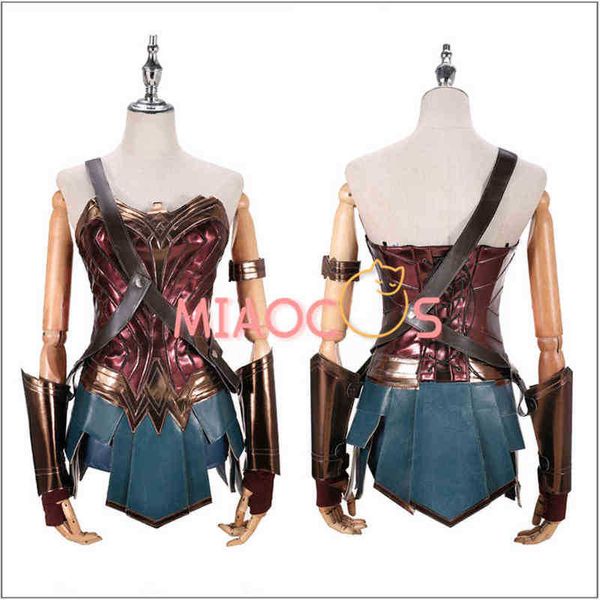 Anime Wonder Cos Moman vestido Diana Cosplay Costume adulto marrom top Faux Leather Corset Shores Sgirl Wig Acessórios Halloween J220720