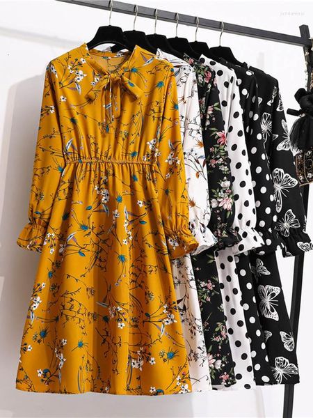 Vintage Floral Bedrucktes Hemd Frauen Frühling Herbst Kleid Koreanischen Stil Langarm Elegante Bogen Midi Sommer Vestidos