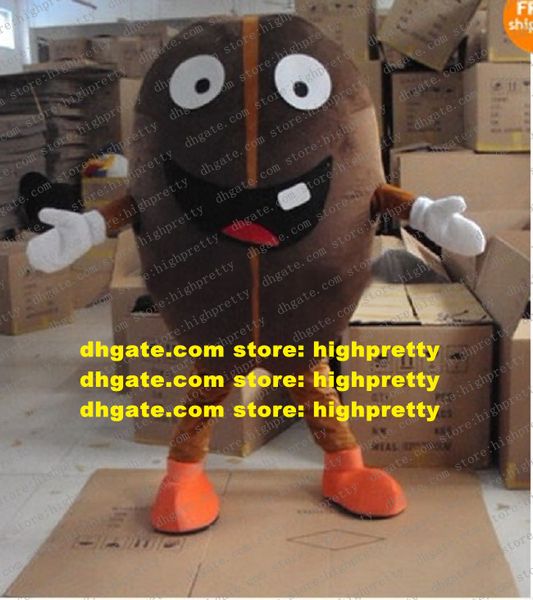 Costume della mascotte del chicco di caffè marrone vivace mascotte fagiolo robusta con bocca grande un dente faccia felice adulto n.889