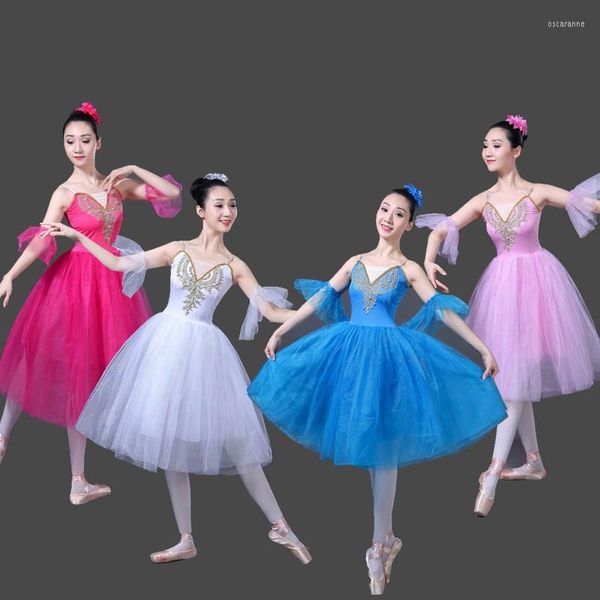 Abbigliamento da palcoscenico Tutù di balletto per adulti Prova pratica Gonna Costume da cigno per donna Abito lungo in tulle romantico Colore bianco rosa blu