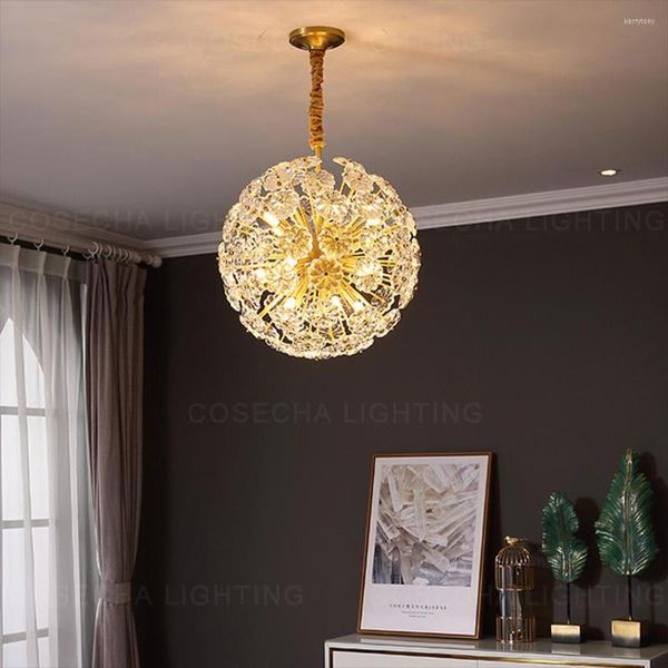 Lampadari Globo Lampadario in bronzo Luce dorata Petalo di cristallo di lusso Lampada a sospensione Sfera Rotonda Rame Dente di leone Design Soggiorno