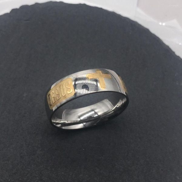 Anéis de casamento Tamanho grande 8mm de 8 mm de ouro de titânio oração de aço de aço Jesus Cross Letter Bíblia Ring para homens Mulheres