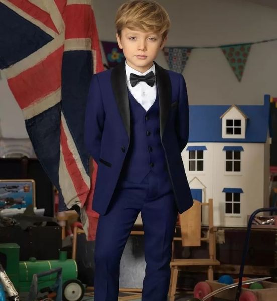 Tuxedos do menino de três peças Wedding Cola de xale um botão de um botão formal vestir terno infantil para festas de baile marinho teens azul terno