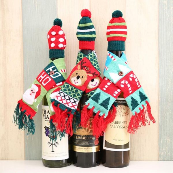 Sciarpa di Natale Cappello Coperture per bottiglie di vino Decori Piccoli cappelli Sciarpe Artigianato Mini Berretto di lana Piccola sciarpa Babbo Natale Alce Pupazzo di neve Decor