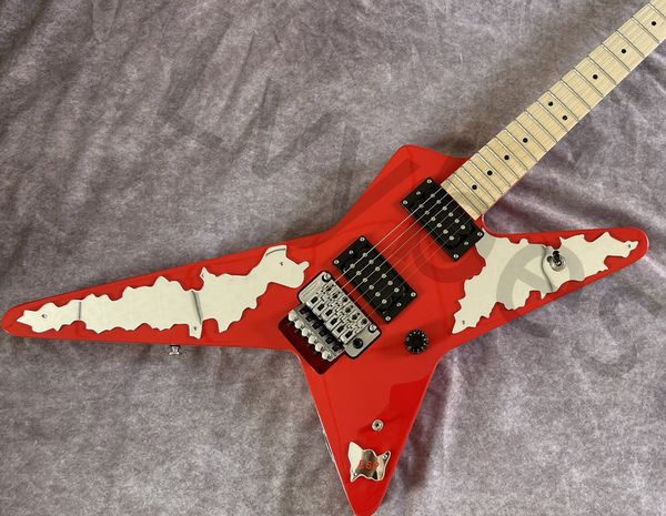 Lvybest Maßgeschneiderte 6-saitige E-Gitarre, massiv rot, mit Rock-Tremolo-Spiegel-Schlagbrett, schwarzen offenen Pole-Tonabnehmern