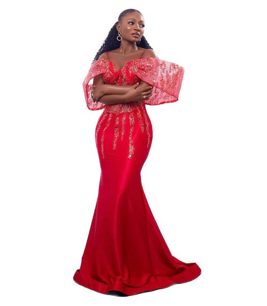 2023 Árabe Aso Ebi Red Sereia Vestidos de Baile Lantejoulas Frisadas Noite Formal Festa Segunda Recepção Aniversário Noivado Dama de Honra 215u