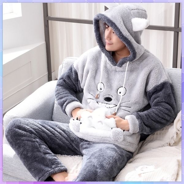 Pijama fofo de roupas de sono masculinas para homens de l￣ de pel￺cia grossa de l￣ Defina o p￣o de flanela de veludo de coral de inverno
