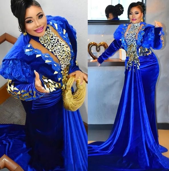 Arapça Aso Ebi Lüks Deniz Kızı Prom Elbiseler 2023 Kraliyet Mavi Kadife Kristaller Boncuklu Ayna Uzun Kollu Akşam İkinci Resepsiyon Doğum Günü
