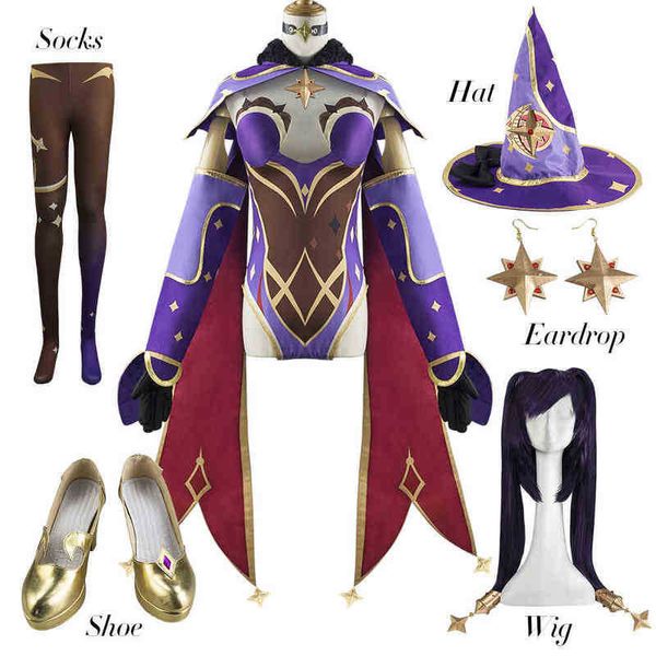 Hot Anime Game Genshin Impact Cosplay MONA Costume feminino Mulheres Mulheres Halloween Party Party Festa Sexy Vestido Uniforme Cosplay Roupa J220720