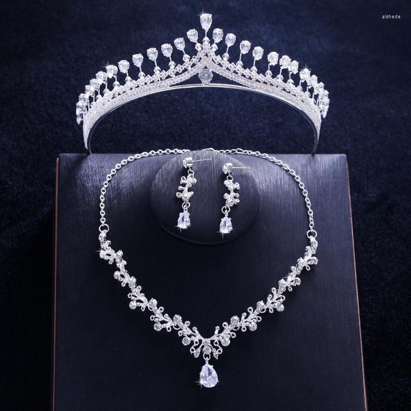 Brincos de decote Conjunto de casamentos de luxo cz zirconia cubic tiara para mulheres acessórios para o cabelo menina rei princesa coroa