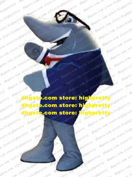 Gentlemanlike balena grigia cetaceo squalo costume della mascotte del vestito operato con fiocco rosso papillon cappotto blu camicia bianca n. 7308