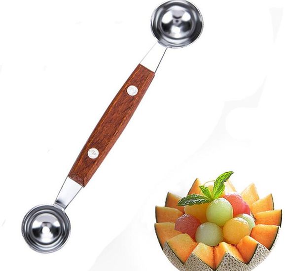 Kreative Fruchtschnitzerei Doppelkopf-Wassermelonen-Kugelausstecher Eiscreme-Grabkugelschaufel Melonenlöffel mit Holzgriff Großhandel