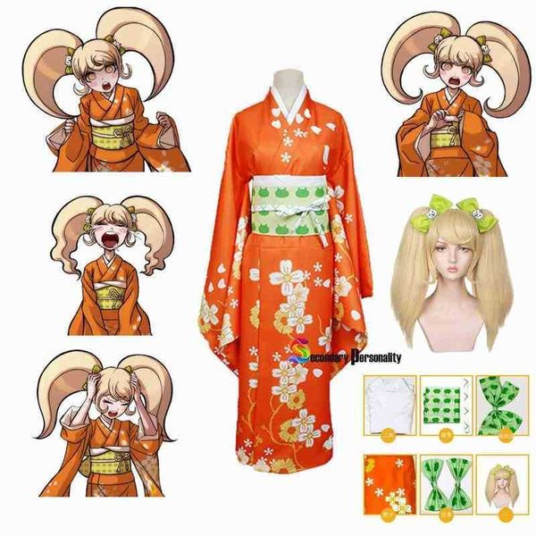 Anime Super Danganronpa 2 Hiyoko Saionji Hiyoko Kimono Costume Cosplay Parrucche Scarpe Abito arancione Kimono Costumi Halloween J220720