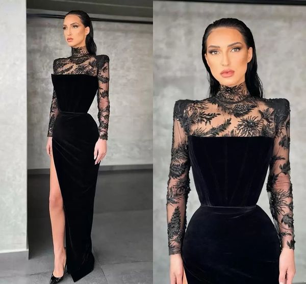 Abiti da ballo veet nero con illusione maniche lunghe ricami alti ricami da ricamo in pizzo in perline da sera in rilievo sexy diviso arabo aso ebi vestidos de