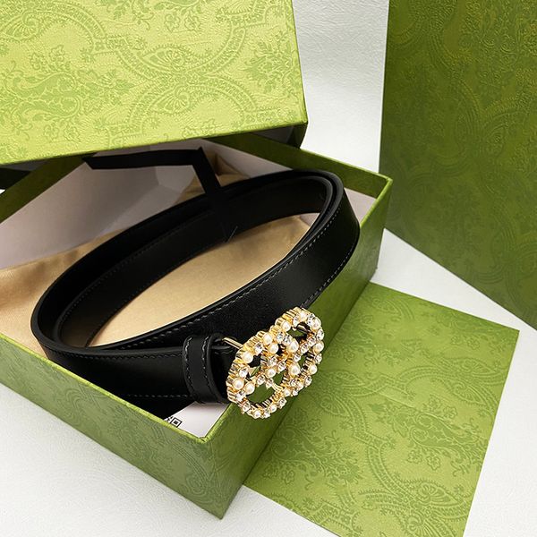 Cintos de luxo Cowskin Designer Pearl Waistband Feminino Couro Genuíno Cinto Moda Ouro Diamante Suave Fivela G Cinturas Largura 2,4 cm Quente