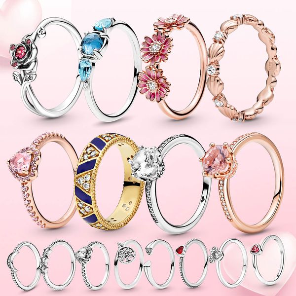 Novos anéis de prata esterlina 925 populares joias com brilho rosa moda beleza e fera acessórios de casamento estilo europeu e americano